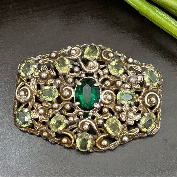 Unique Vintage Austro-Hungarian? Peridot Emerald Green Ornate Flower Brooch - Picture 2 of 12
